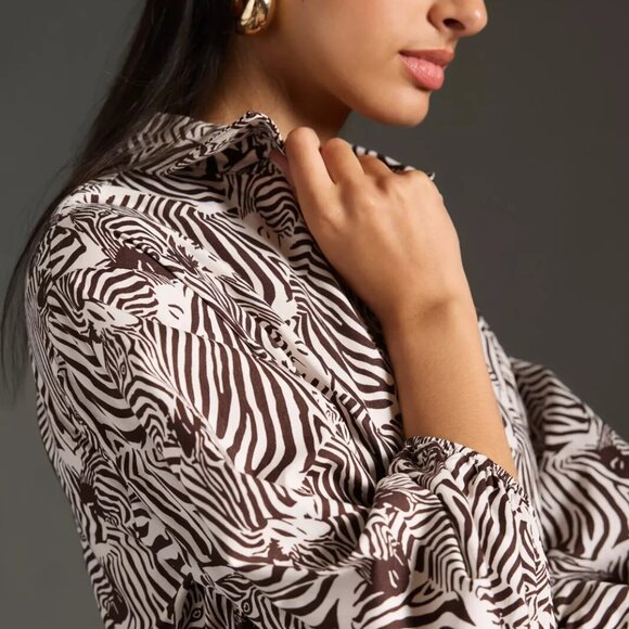 NWT Anthropologie Bettina Dress Shirt Buttondown Zebra Brown Small Petite - Picture 5 of 6
